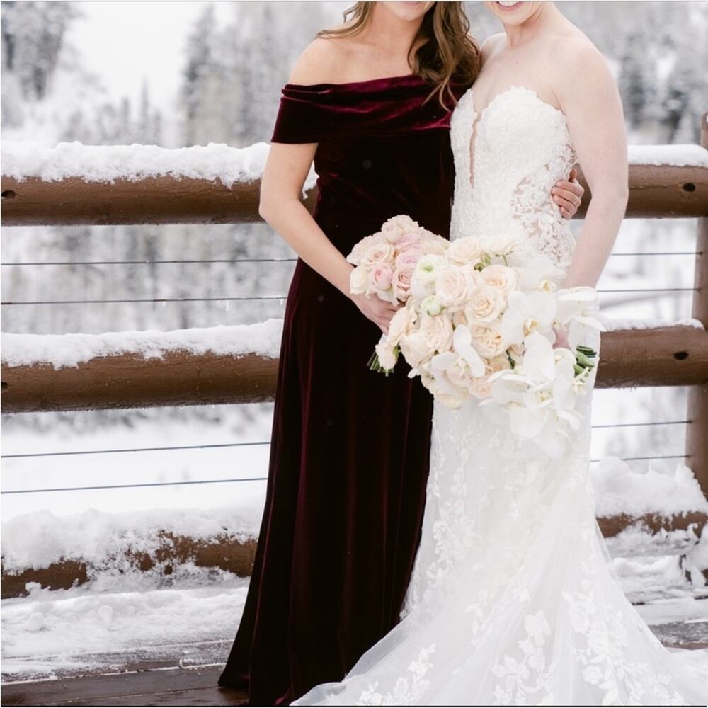 Revelry Court Burgundy Maroon Velvet Off Shoulder Maxi Dress 4